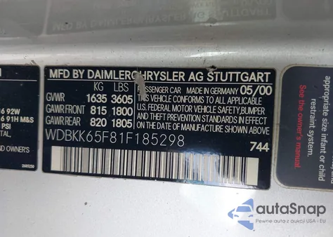 2001 Mercedes-Benz Slk 320 z USA, uszkodzony, nr VIN WDBKK65F81F185298